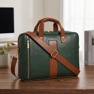 May include: Green and brown leather briefcase with a top handle and a detachable shoulder strap. The briefcase has a vertical brown stripe down the center and gold-colored zippers and hardware. The bag is sitting on a wooden surface.