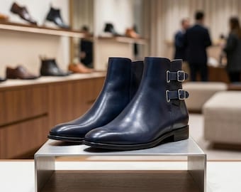 Men's Navy Blue Leather Jodhpur Boots Double Buckle Straps Handmade Elegant Formal Ankle Boot