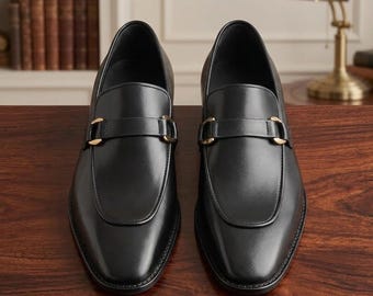Handmade Black Leather Penny Loafers for Men - Italian Style Leather Slip On Shoes