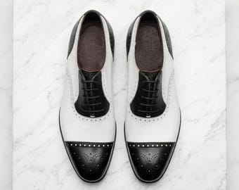 Handmade Black and White Spectator Shoes Classic 1920s Gatsby Style Mens Leather Brogue Oxford