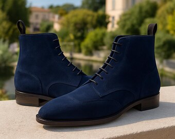 Navy Blue Genuine Suede Pure Handmade Ankle High Chukka  display picture 1