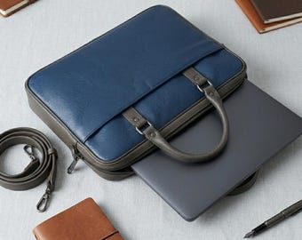 Modern Navy Blue & Grey Leather Laptop Bag - Professional 12-16-inch Slim Unisex Neutral Style WorkBag
