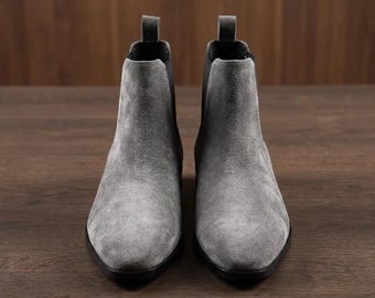 Handmade Grey Suede Chelsea Boots for Men, Stylish Italian Leather Ankle Dress Shoes Gift