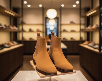 Handgjorda herrstövlar i brun mocka | Slip-on-ankelstövlar i läder, present till honom