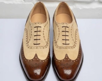 Classic Two-Tone Wingtip Oxfords | Brown Leather & Beige Suede
