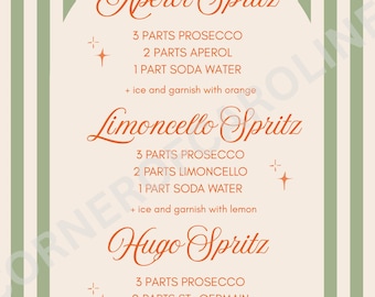 Letrero de bar Spritz, menú de bar, Aperol, Limoncello, Hugo, letrero de cóctel Spritz, boda, ducha, cumpleaños, bar, fiesta