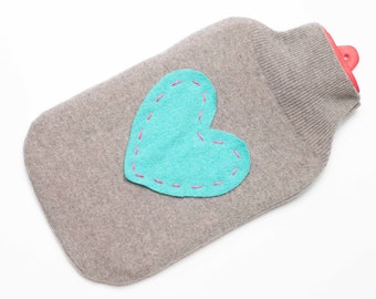 Hot Water Bottle Cover 100% Cashmere Heart Hand Stitched Love Upcycled Sweater Husband Hygge Cozy Eco Friendly Sleeve Repurposed