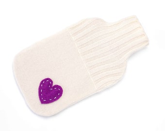 Hot Water Bottle Cover 100% Cashmere Heart Hand Stitched Love Upcycled Sweater Husband Hygge Cozy Eco Friendly Sleeve Repurposed
