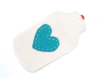 Hot Water Bottle Cover 100% Cashmere Heart Hand Stitched Love Rubber Upcycled Sweater Husband Hygge Cozy Eco Friendly Sleeve Repurposed