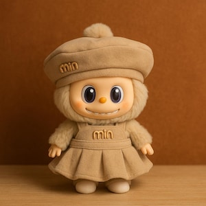 Labubu Outfit Set for 15-17cm Dolls – Handmade Clothes with Hat, Dress, Beret – Beige Min Style – Cozy & Elegant Look