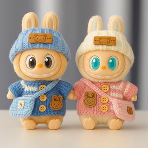 Ubranka Labubu - 15-17 cm Strój lalki - Zestaw robiony ręcznie - Czapka - Szalik - Torba - Pasuje do Popmart Labubu - Akcesoria do siedzenia