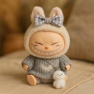 Labubu Clothes - 15-17cm Doll Outfit - Handmade Set - Hat - Scarf - Bag - Fits Popmart Labubu - Sitting Accessories