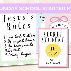 May include: A Sunday School starter kit featuring printed cards with pastel borders. One card lists Jesus's Rules with five points, another is titled Secret Student with a yellow smiley face, and a third card features a pink bow and Memory text.