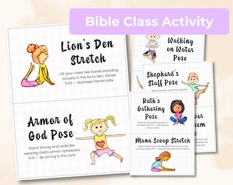 Cartes de yoga et de mouvement pour enfants chrétiens - 10 cartes de pose inspirées de la Bible avec aquarelle, fond Vichy, activités d'école du dimanche à imprimer