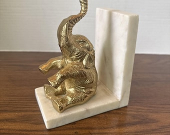 Vintage Solid Brass Elephant Book End on Stone Trunks Up For Good Luck