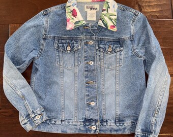 Vintage Reflect Jeans Denim Jacket Size Large Floral Collar 100% Cotton  Runs Sm