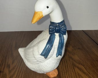 Vintage White Ceramic Country Goose Duck 1980s BLUE RIBBON Grandma Cottage Core