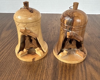 Olive Wood Nativity Bell Christmas Ornament Made In Jerusalem Set Of 2