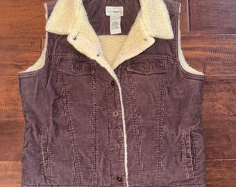 L.L. Bean Brown Corduroy Vest Sherpa Fleece Lined Women Size Large Vintage