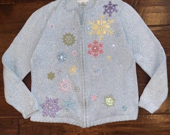 Vtg White Stag Snowflake Size Small Full Zip Cardigan Appliqué Beaded Embellish