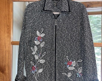 T & Company Womens Black White Floral Embroidered Zip Cardigan S Sweater Jacket