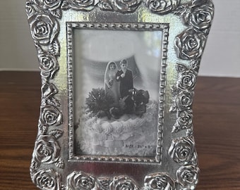 Vintage Silver-Plated Photo Frame Ornate Floral Rose Border For 3.5" x 5 Photo