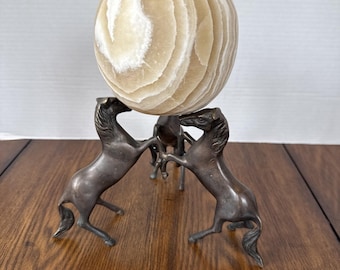 Vintage Brass 3 Rearing Horses Pedestal Stand Holder With Crystal Ball Orb 9.25"