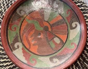 Vintage Mayan Red Clay Pottery Plate Wall Hanging 10" Collectable Etched Glazed