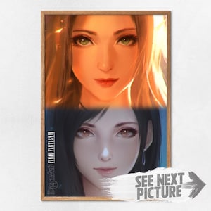May include: Framed art print featuring two anime-style portraits of women. The top portrait has blonde hair and green eyes, while the bottom portrait has black hair and brown eyes. The text "FINAL FANTASY VII" is visible on the left side.
