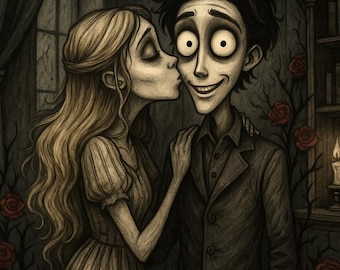 Tim Burton Style Custom Portrait: Gothic Art, Spooky Gift, Halloween Portrait (Digital Download)