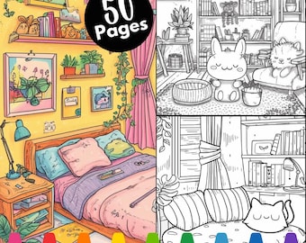 Kawaii Cozy Room Coloring Pages, Chibi Home Scenes (Digital Download)