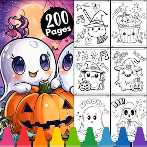 200 páginas para colorear de Halloween Kawaii, páginas para colorear de Halloween para niños, páginas para colorear Kawaii espeluznantes, libro para colorear lindo, páginas para colorear imprimibles