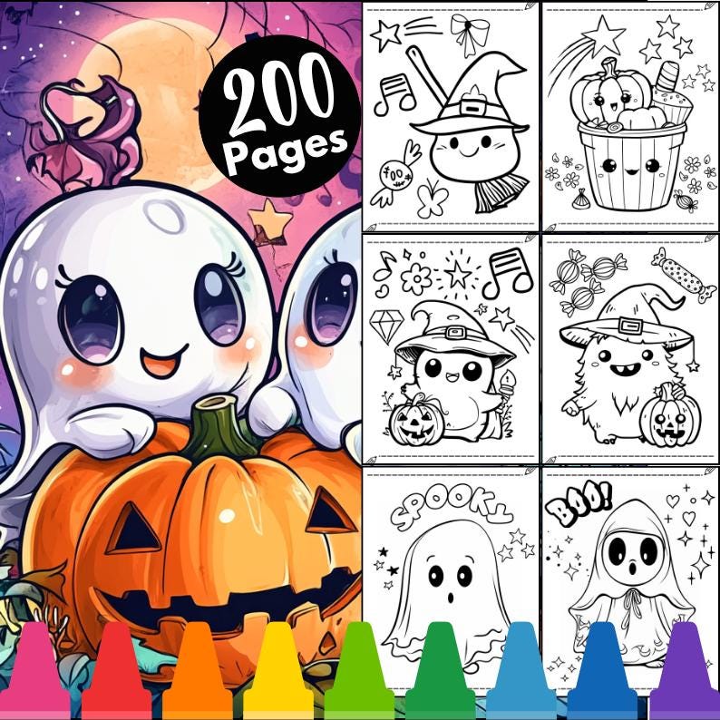 May include: A Halloween-themed coloring book with 200 pages, featuring cute ghost characters, pumpkins, and witch hats. The cover shows two smiling ghosts on a carved pumpkin. A variety of coloring pages are displayed, with crayons at the bottom.