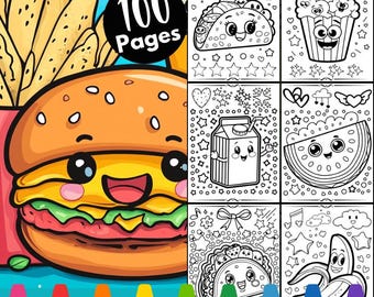 100 Cute Kawaii Food Coloring Pages, 100 Kawaii Coloring Pages for Kids, Cute Coloring Pages, Printable Coloring Pages for kid, Kawaii Food