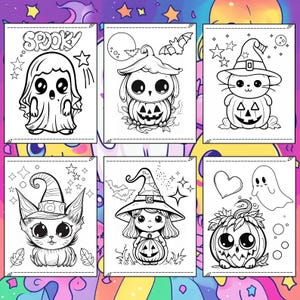 May include: Six black and white Halloween-themed coloring pages. Each page features a different cute character, including a ghost, owl, cat, and witch, all with a spooky theme. The word "Spooky" is written on one page.