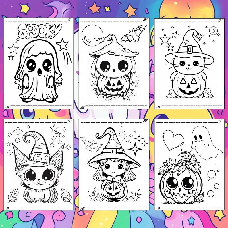 May include: Six black and white Halloween-themed coloring pages. Each page features a different cute character, including a ghost, owl, cat, and witch, all with a spooky theme. The word "Spooky" is written on one page.