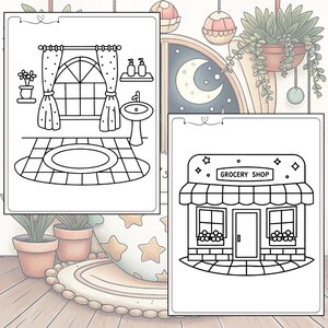 May include: Black and white line art colouring pages featuring a bathroom scene with a window, sink, and rug, and a grocery shop with the text "Grocery Shop". The pages are set against a background with potted plants and a crescent moon.