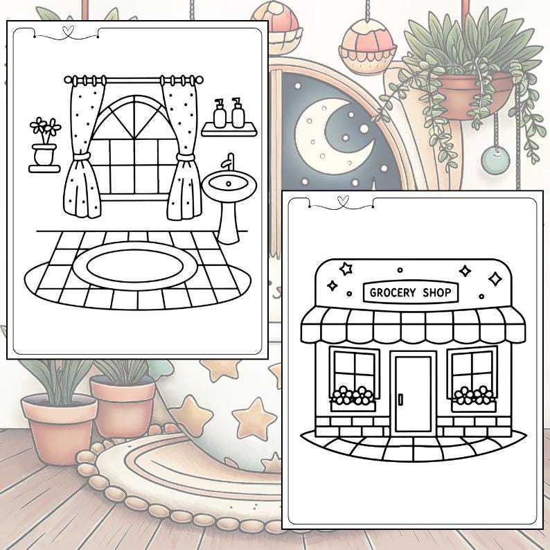 May include: Black and white line art colouring pages featuring a bathroom scene with a window, sink, and rug, and a grocery shop with the text "Grocery Shop". The pages are set against a background with potted plants and a crescent moon.