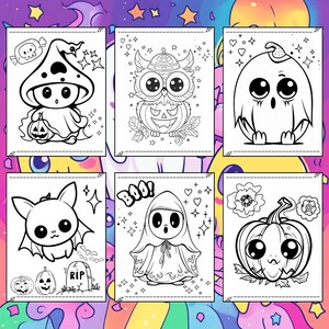 May include: A collection of six black and white Halloween-themed coloring pages. The pages feature cute illustrations of a ghost, bat, owl, pumpkin, and other spooky characters. The word "Boo!" is written on one page.