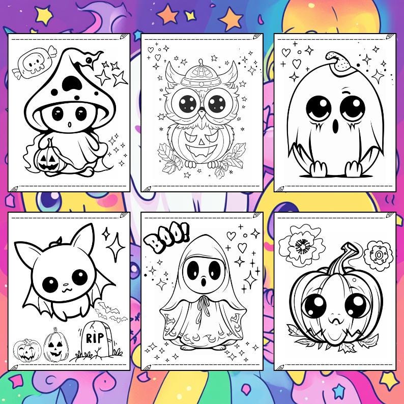 May include: A collection of six black and white Halloween-themed coloring pages. The pages feature cute illustrations of a ghost, bat, owl, pumpkin, and other spooky characters. The word "Boo!" is written on one page.