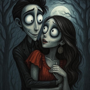 Tim Burton Style Custom Portrait: Gothic Home Decor, Halloween Portrait (Digital Download)