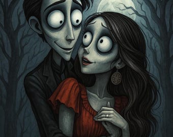 Tim Burton Style Custom Portrait: Gothic Home Decor, Halloween Portrait (Digital Download)