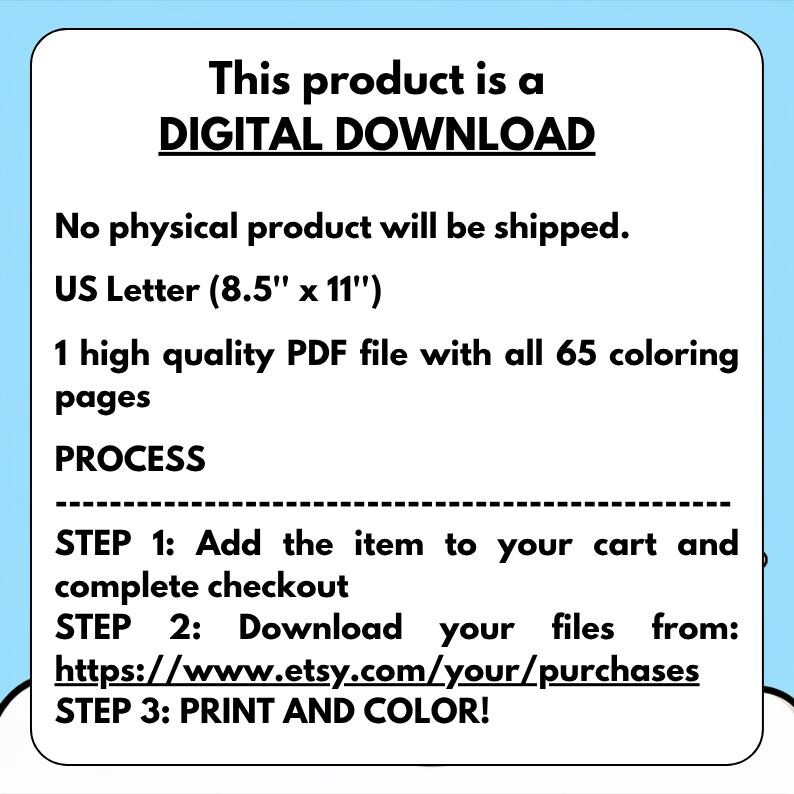 May include: An announcement for a digital download product, stating "This product is a DIGITAL DOWNLOAD." It specifies no physical product is shipped, US Letter size (21.6cm x 27.9cm), and provides download and print instructions.