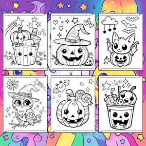 May include: Six black and white Halloween-themed coloring pages. Each page features a different design, including pumpkins, bats, an owl, and a witch's hat. The illustrations are in a cartoon style, with stars and other decorative elements.