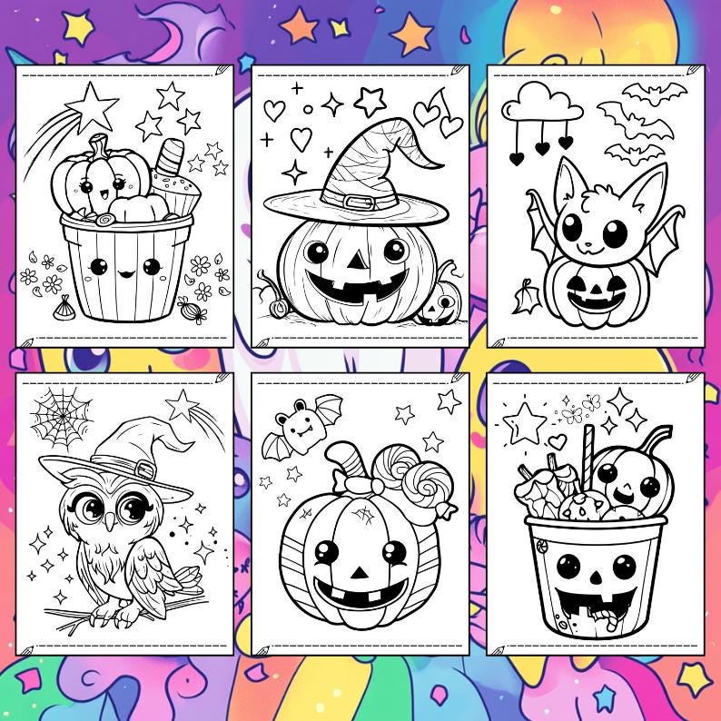 May include: Six black and white Halloween-themed coloring pages. Each page features a different design, including pumpkins, bats, an owl, and a witch's hat. The illustrations are in a cartoon style, with stars and other decorative elements.