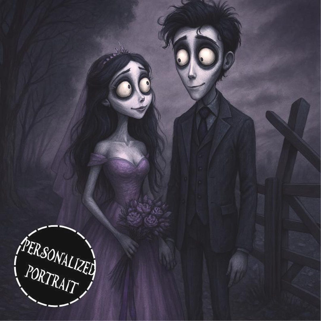 Tim Burton Style Custom Portrait: Gothic Art, Spooky Gift, Halloween ...