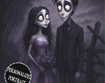 Tim Burton Style Custom Portrait: Gothic Art, Spooky Gift, Halloween Portrait (Digital Download)