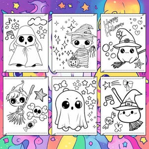 May include: Six black and white Halloween-themed coloring pages. Each page features a different cartoon character, including a ghost, mummy, and witch, with accompanying stars, musical notes, and the words "Happy Halloween".