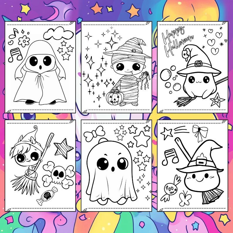 May include: Six black and white Halloween-themed coloring pages. Each page features a different cartoon character, including a ghost, mummy, and witch, with accompanying stars, musical notes, and the words "Happy Halloween".