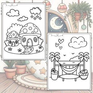 May include: Two colouring book pages with whimsical illustrations. One features mushroom houses with a path, clouds, and hearts. The other depicts a beach scene with palm trees, a hammock, and a smiling cloud. Both are outlined in black.